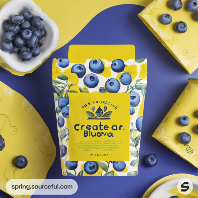 Yellow and blue blueberry pouch with bowls and plates on vibrant background.