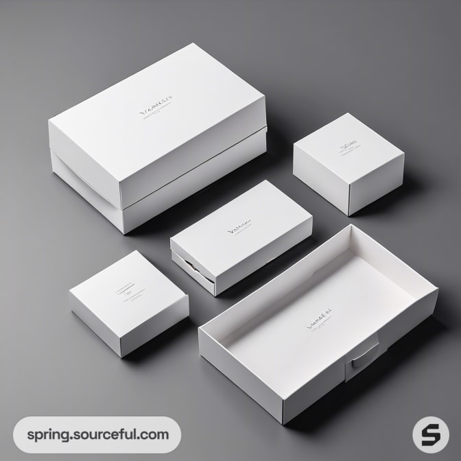 Set of white rectangular boxes with minimal design on a gray background.