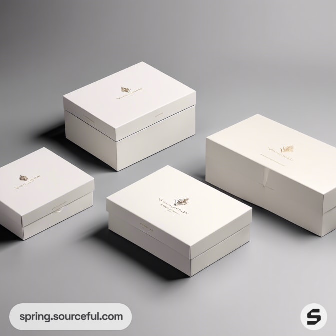 Four white boxes with subtle logos on a light gray surface.
