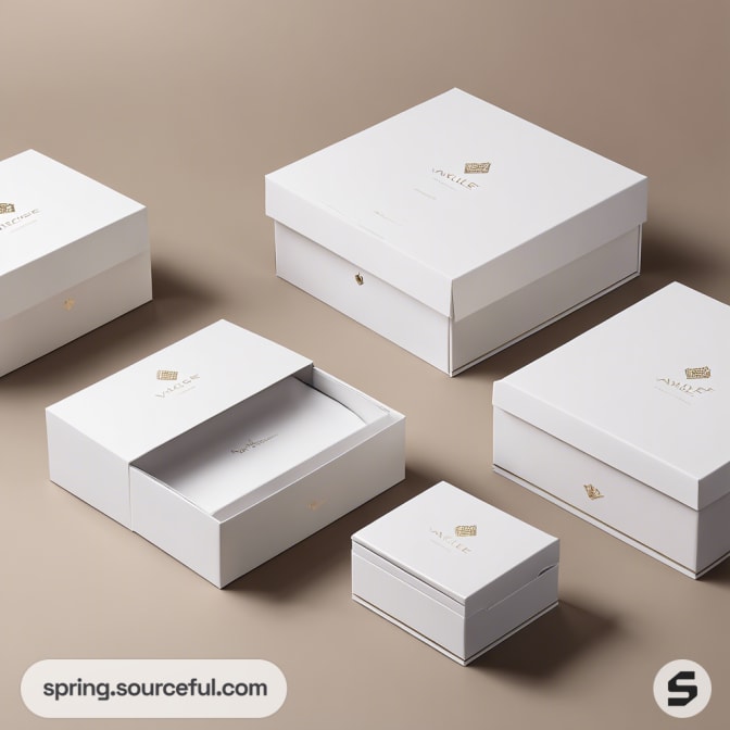White and beige boxes with gold accents on a beige background.