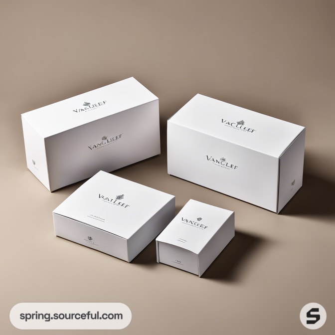 Four white boxes with subtle branding on a beige background.
