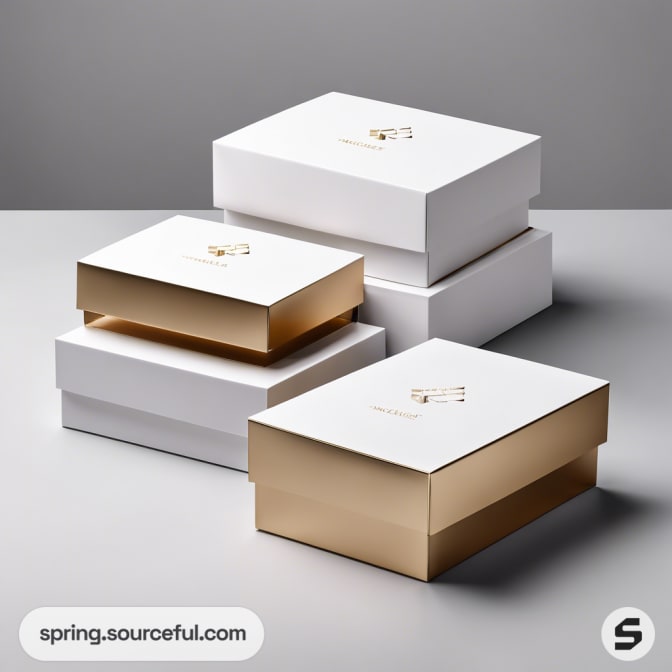White and gold rectangular boxes stacked on a gray surface.