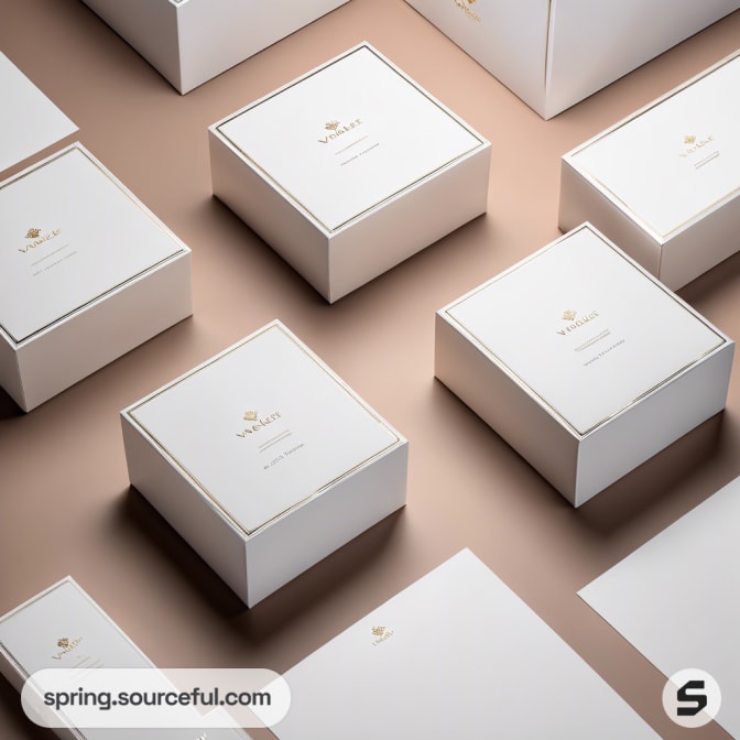 White square boxes with gold accents on a beige surface.