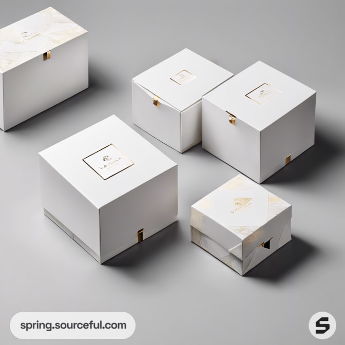Four white square boxes with subtle gold designs on gray background.