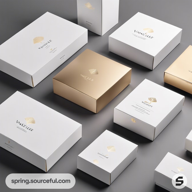 White and gold boxes with branding on a dark gray surface.