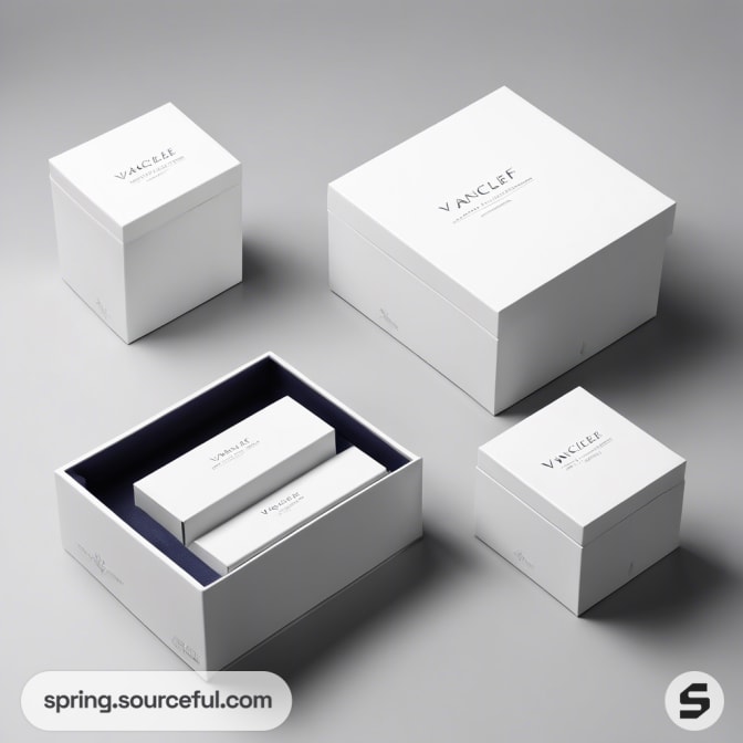 White boxes with dark interiors and minimal branding on a gray surface.