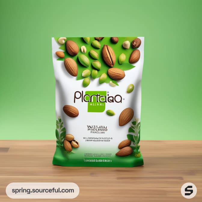 Green pouch with mixed nuts on green background.