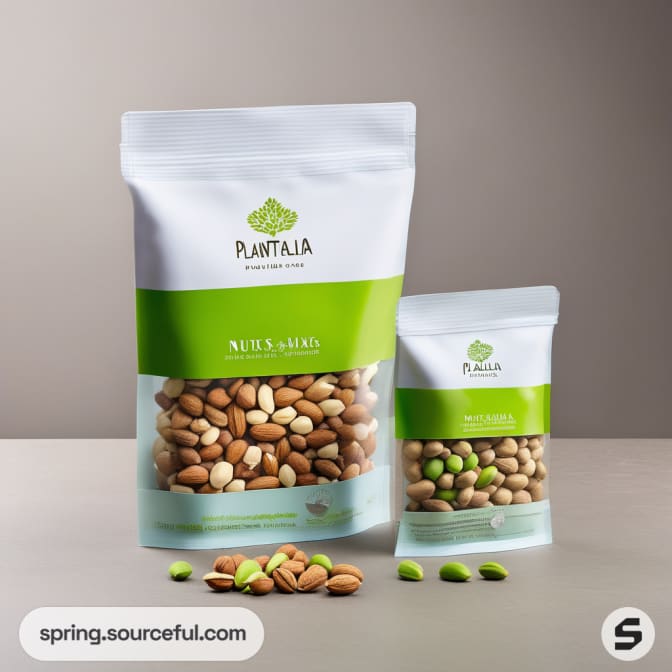 Two bags of nuts, larger and smaller with green label.