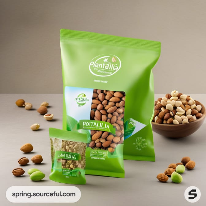 Large green nut pouch with smaller pack alongside nuts.