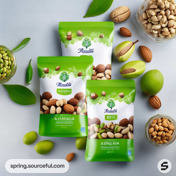 Three green resealable pouches with mixed nuts and leaves.