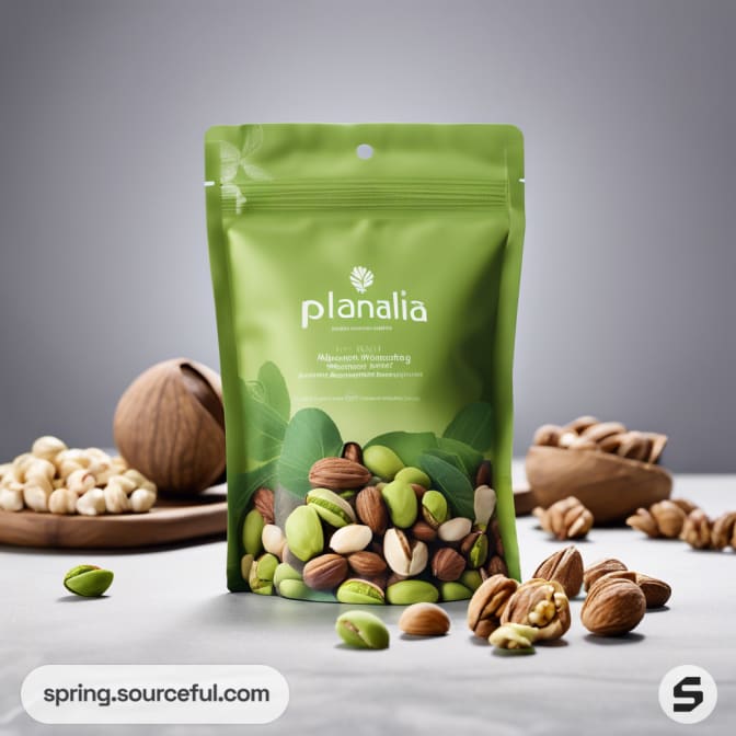 Green resealable pouch with mixed nuts on gray background.