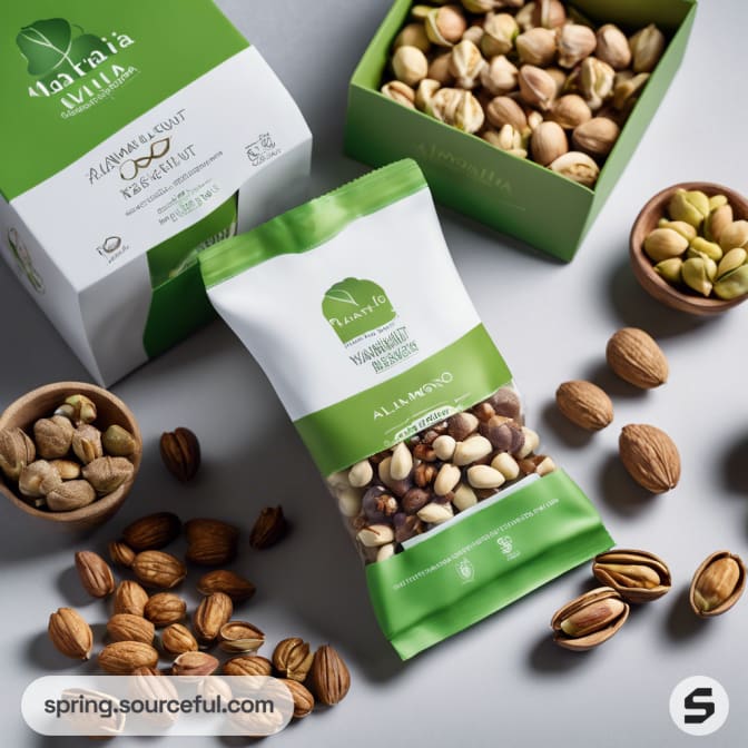 Box and pouch of mixed nuts surrounded by scattered nuts.