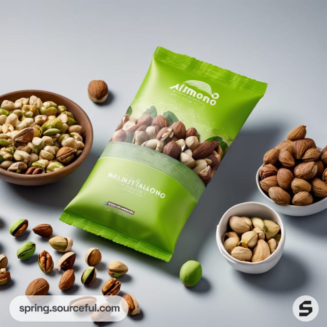 Green bag of mixed nuts on gray surface with scattered nuts.