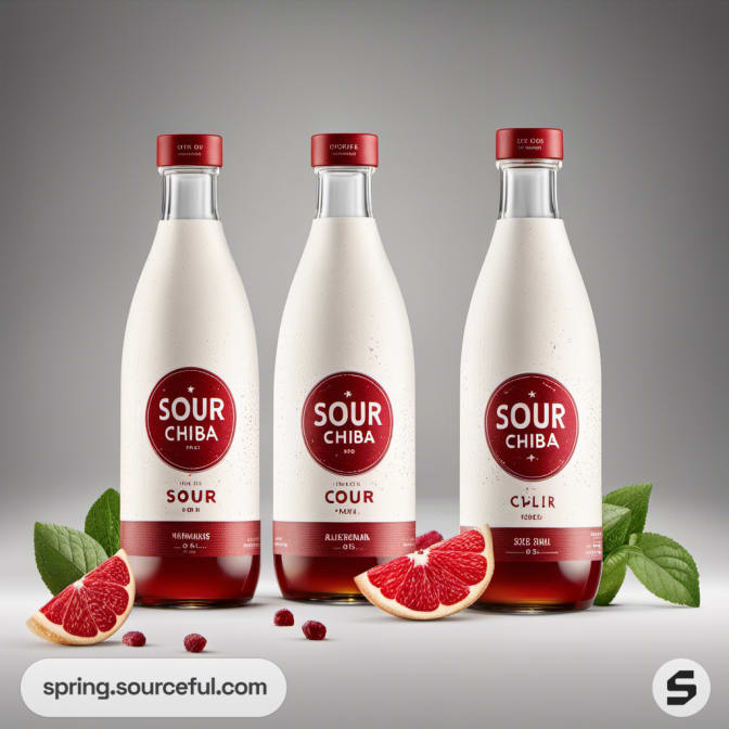 Three bottles with red and white labels, showcasing different flavors with grape and grapefruit motifs.