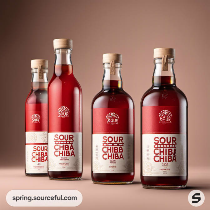 Assortment of red-labeled bottles with cork tops, displaying various flavors with a bold red design.