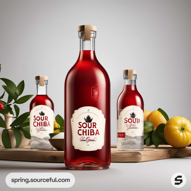 Trio of bottles with red liquid, featuring elegant labels with plants and fruit in the background.