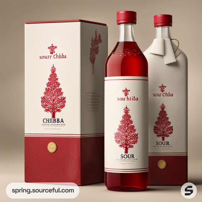 Bottle set with red and white ornate labels and matching box, showcasing tree design.