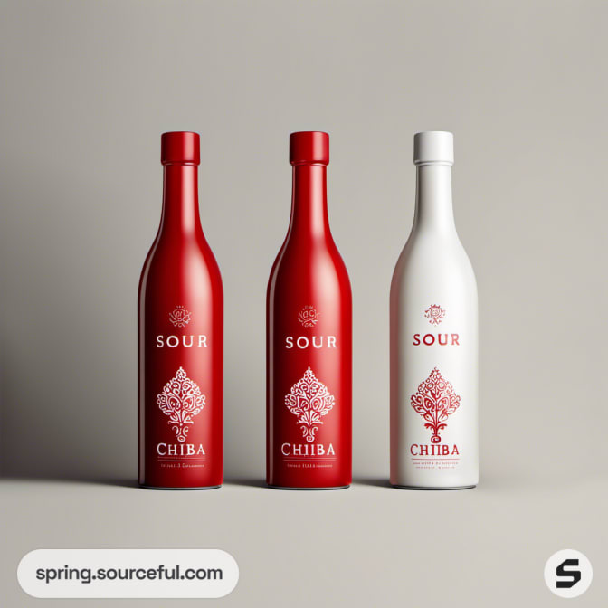 Three sleek bottles with tree designs on red and white labels, minimalist aesthetic.