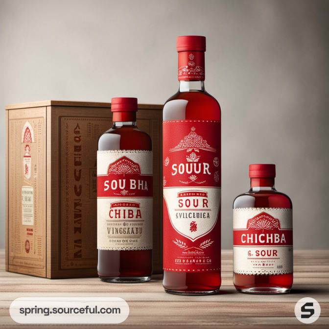 Three vintage-style bottles with detailed red labels in front of a wooden crate.