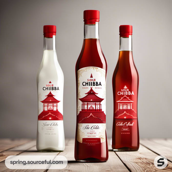 Trio of bottles with architectural design labels, featuring pagodas on white and red.