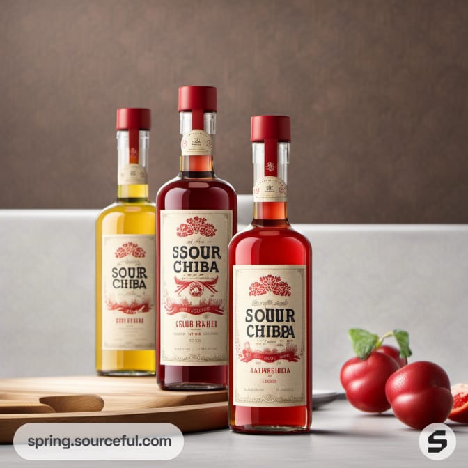 Three bottles with ornate labels in yellow, red, and orange hues, next to fresh vegetables.