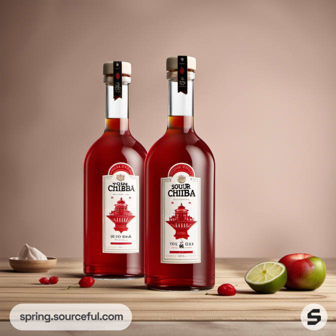 Pair of bottles with pagoda designs, set among limes and cranberries on wooden surface.