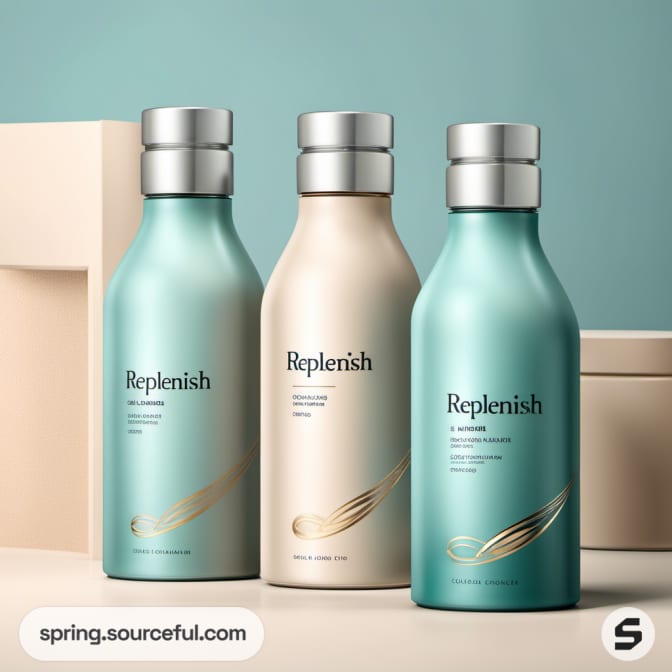 Three bottles with metallic silver caps, teal and beige colors, against a teal background.