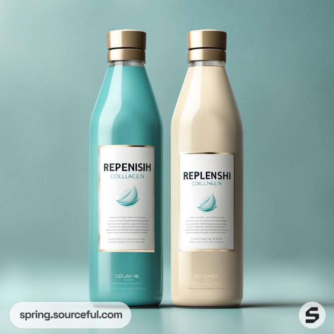 Two sleek bottles with gold caps, one teal and one beige, on a teal background.