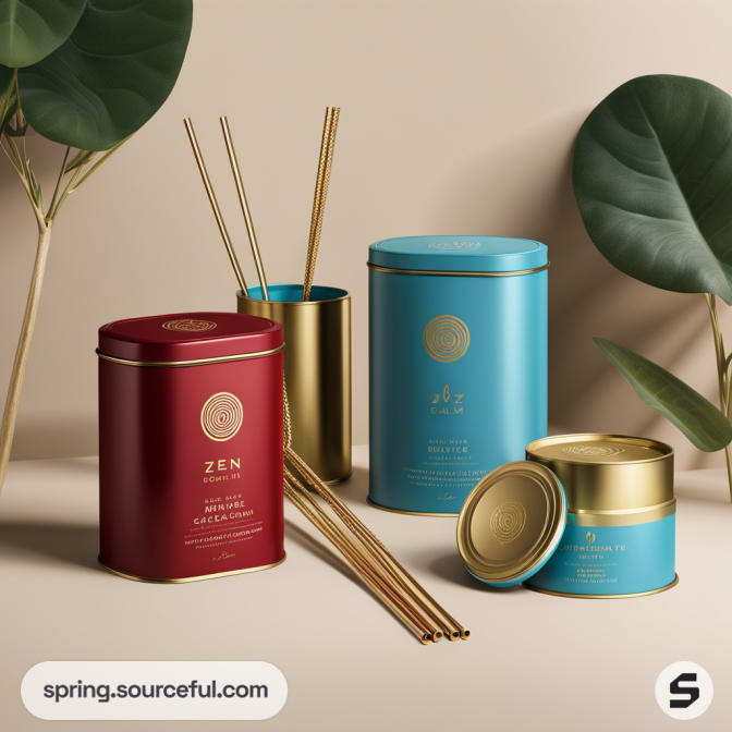 Red and blue tin containers with gold accents and decorative elements.