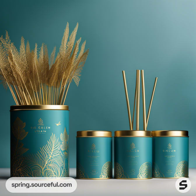Turquoise and gold tins with plants and straws.