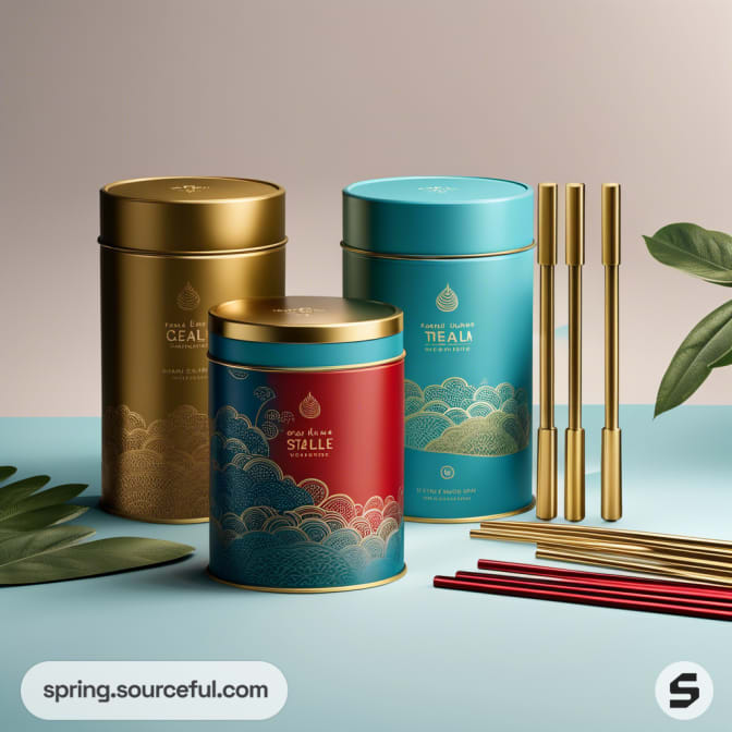 Gold and turquoise tins with decorative patterns, shown with metal straws.