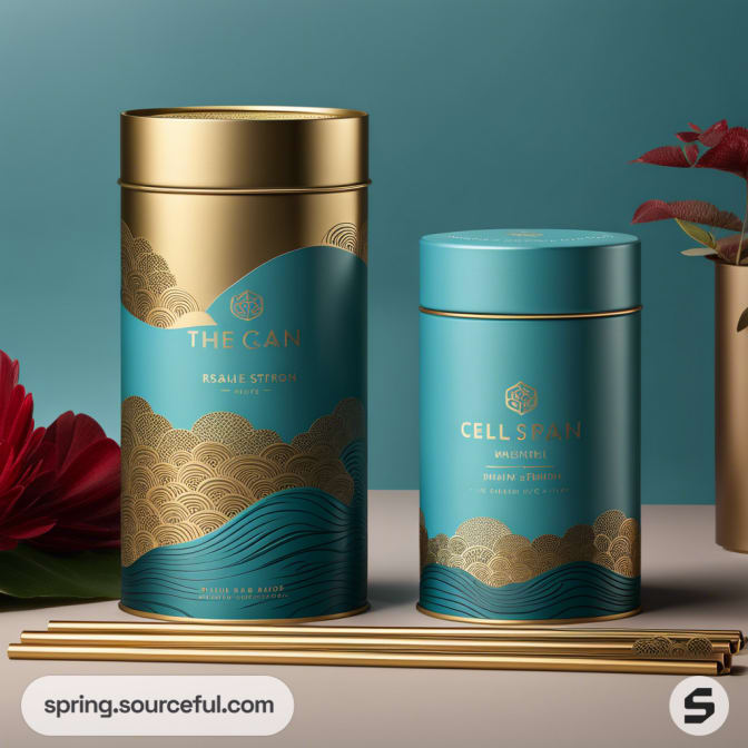 Gold and blue tins with wave patterns next to flowers and straws.