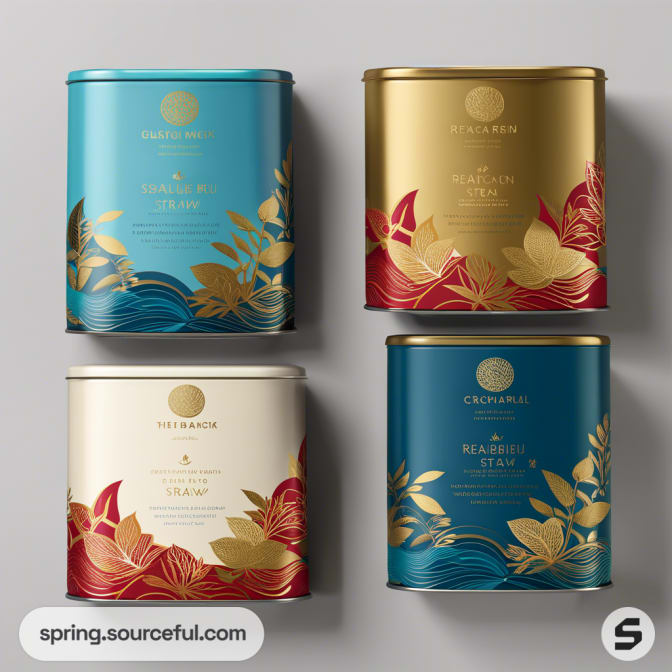 Four square tins with blue, red, and gold decorative designs.