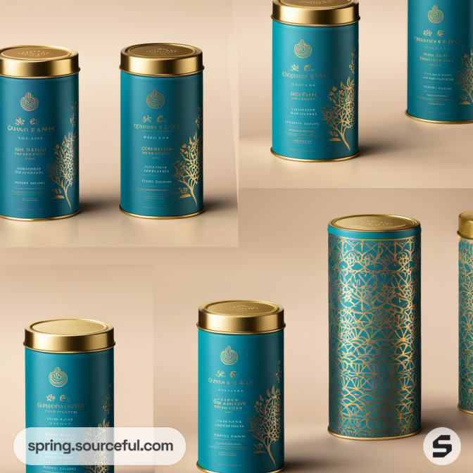 Turquoise tins with subtle gold patterns on a beige background.