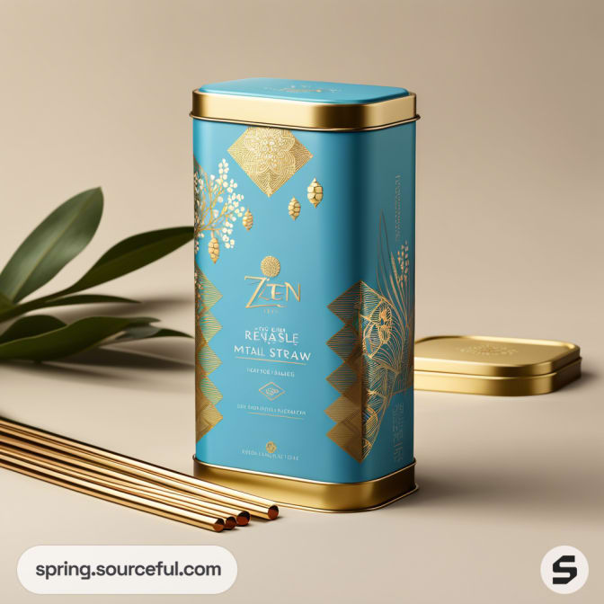 Tall turquoise tin with gold accents and metal straws.