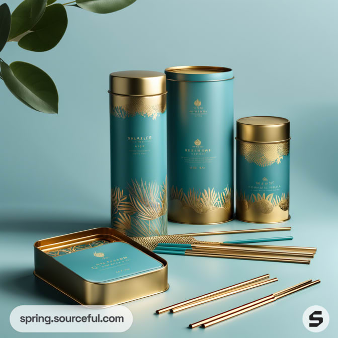Various size turquoise tins with gold patterns and metal straws.