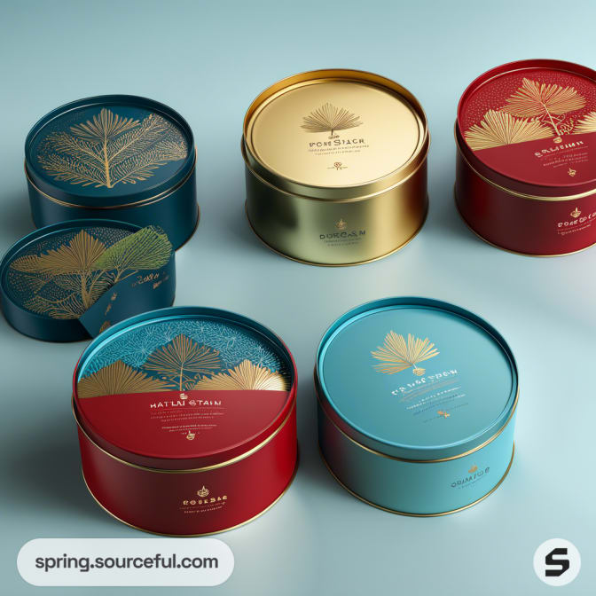 Round tins in red, blue, and gold with leaf designs.