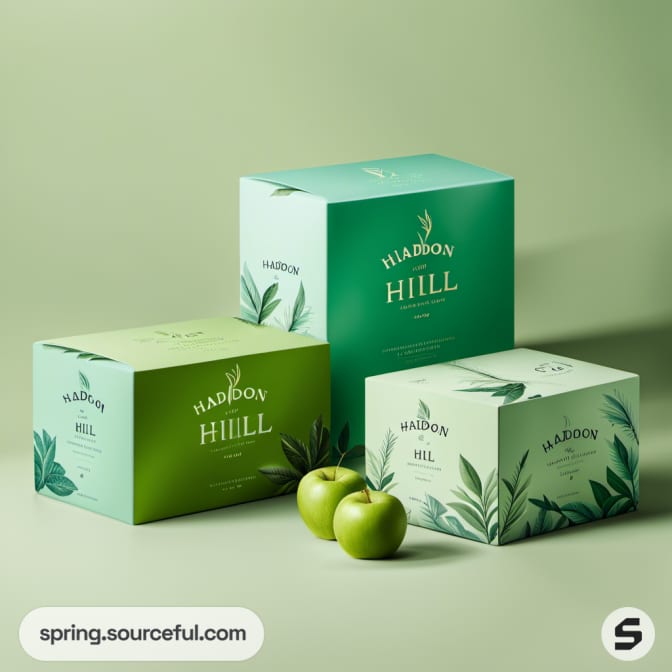 Green and white boxes with leafy designs and apples on a green background.