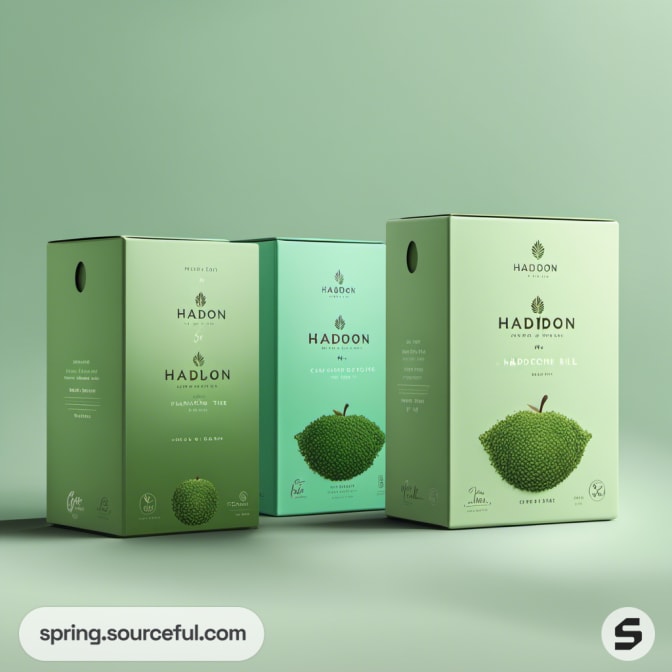 Three tall boxes with green and blue hues, featuring graphics of leaves and jackfruits.