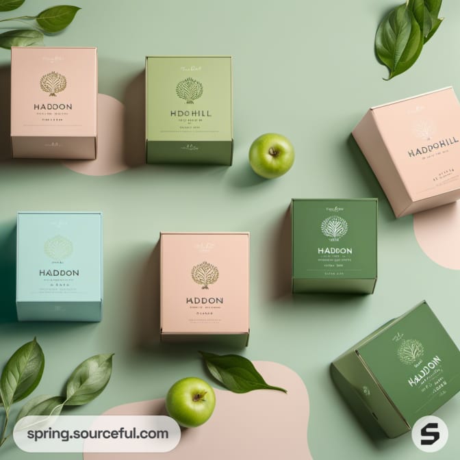 Colorful small boxes arranged in a grid pattern with apples and leaves.