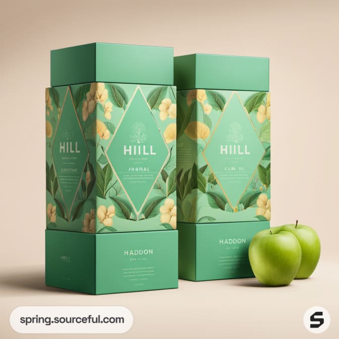 Tall green boxes with floral designs, accompanied by two green apples.