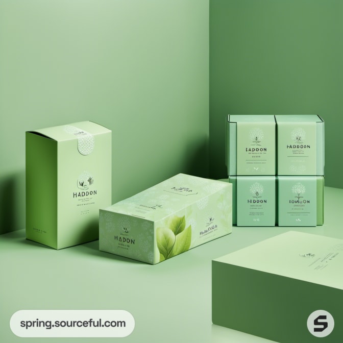 Various green boxes of different sizes with minimalist designs and tulip graphics.