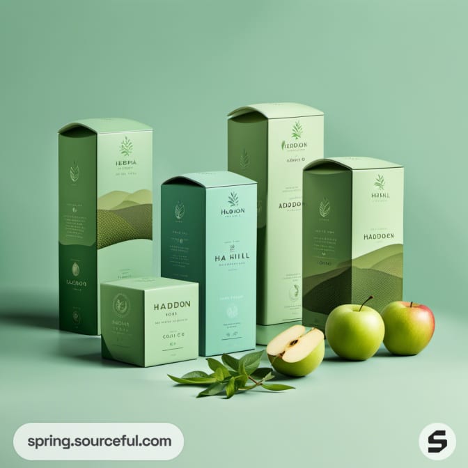 Assorted green boxes with mountain and leaf designs, beside apples and greenery.