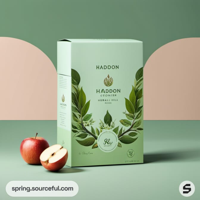 Large box with leafy graphic design, flanked by red apples on a green and peach background.
