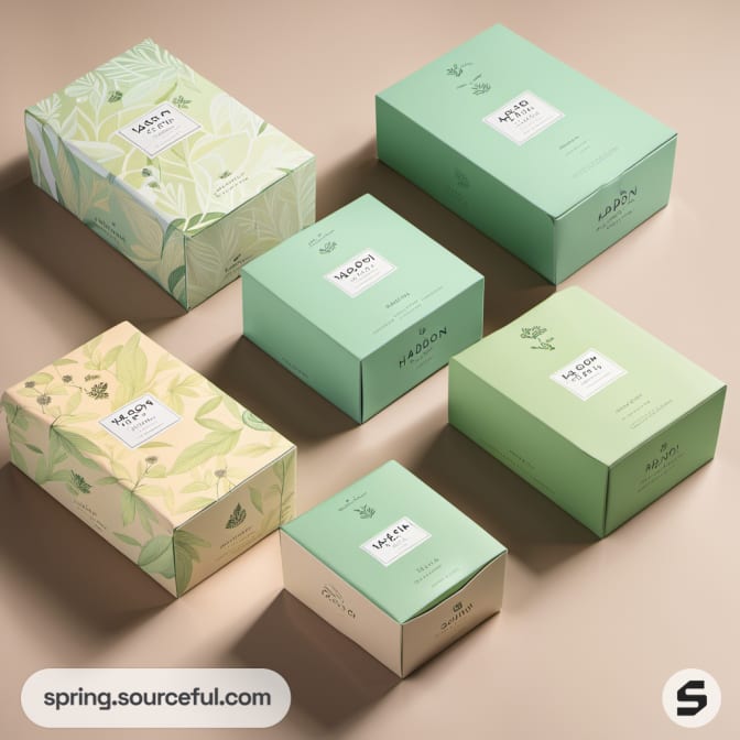 Various pastel green boxes with leafy and floral patterns on a beige surface.