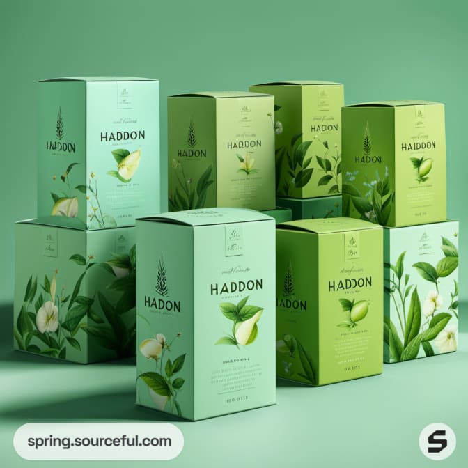 Multiple green boxes with different floral and leafy designs.