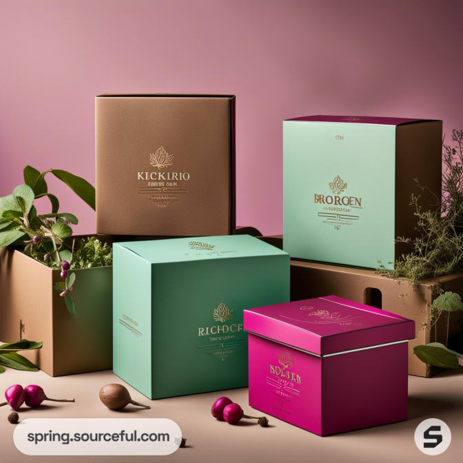 Elegant boxes in pink, teal, and brown hues with floral accents on a pink background.