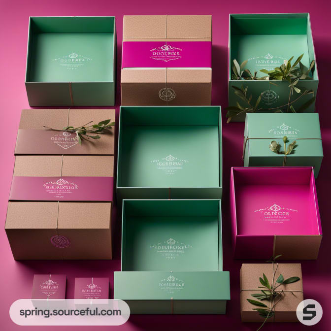 Open boxes in pink, teal, and brown with floral touches, arranged neatly on a pink surface.