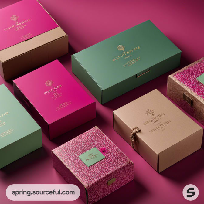 Various closed boxes in pink, teal, and brown on a pink background, featuring floral patterns.