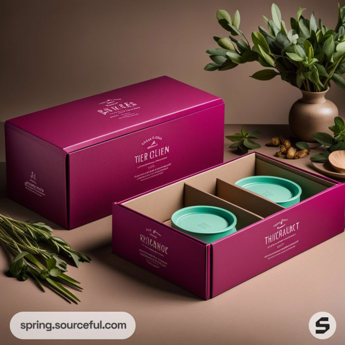 Magenta boxes with green lids, open with plants as decoration on a brown surface.